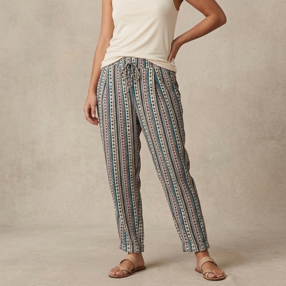 Zara Basic Geometric Print Drawstring Jogger Pants Women Large Cuffed Boho Teal